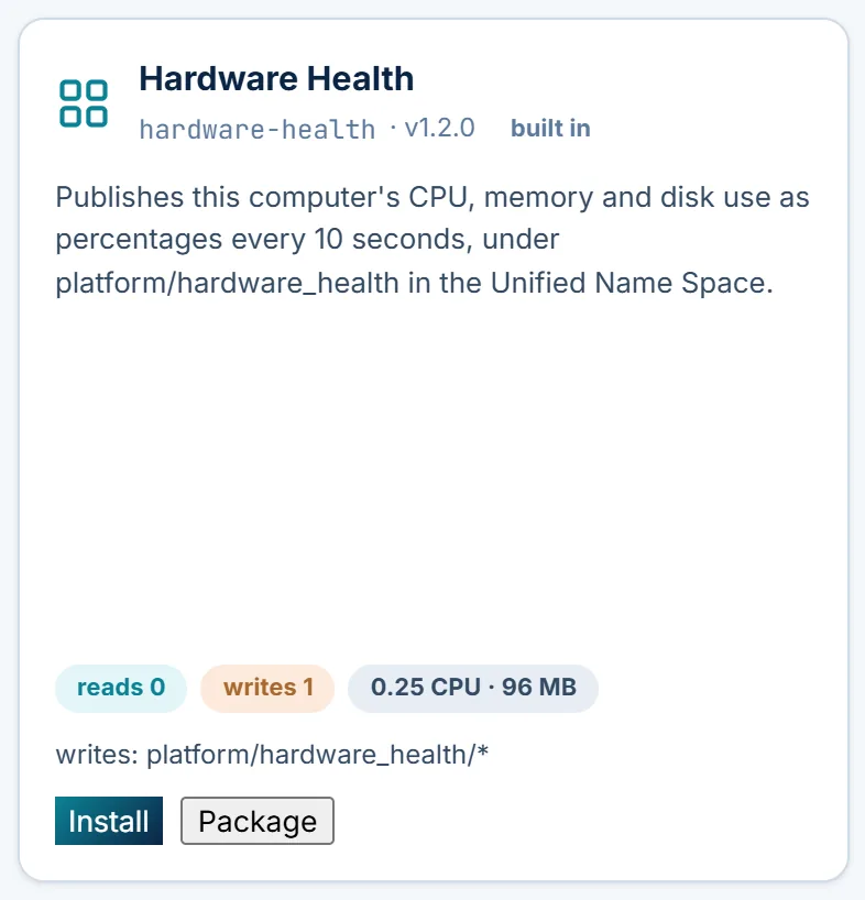 The Kustlyne machine's Applications page, Catalog section, showing the Hardware Health card marked “built in” at version 1.2.0, what it writes into the name space, its CPU and memory share, and an Install button but no way to remove it from the Catalog.